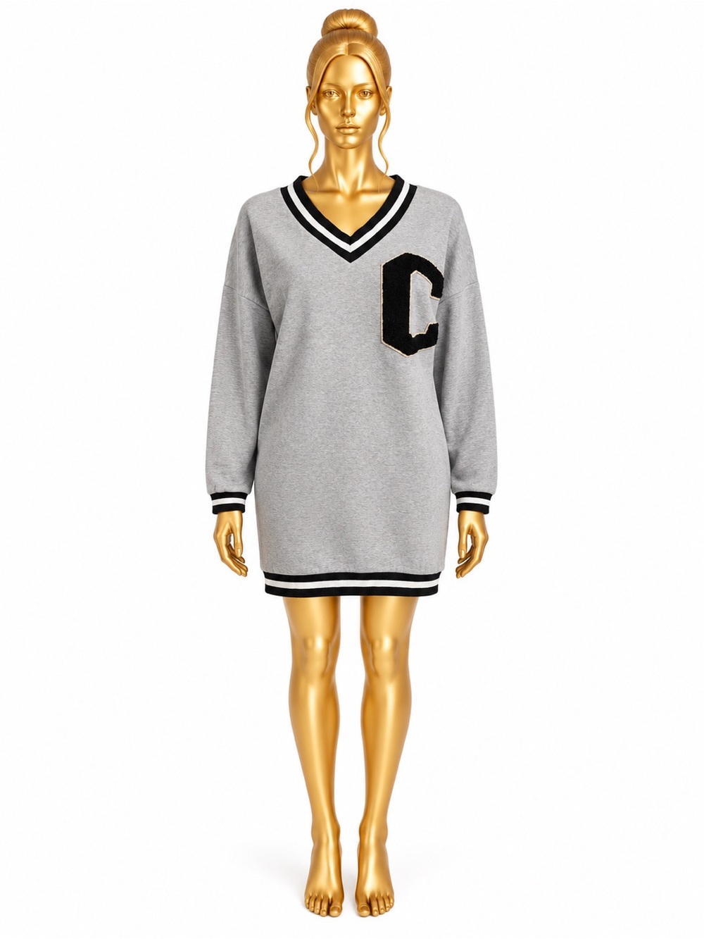 SHEIN Grey Long Sleeve V‑Neck Sweater Dress with Black Trim and C Patch